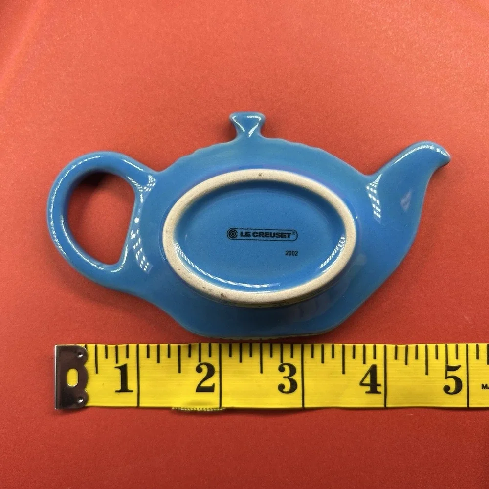 Le Creuset Marseille Blue Teapot Tea Bag Holder Spoon Rest Stoneware 2002 Vtg